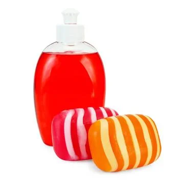 Soap liquid and solid Red liquid soap in a bottle, solid red and orange st... 스톡 사진