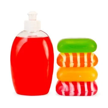 Soap liquid red and stack solid soap Red liquid soap in a bottle, a stack ... Stock Photos