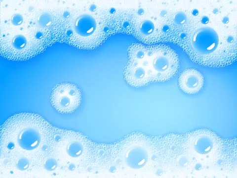 Soap sud. Vector transparent foam on blue water background 库存插图
