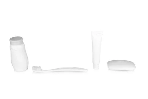 Soap toothpaste talc toothbrush isolated on white background Stock Photos