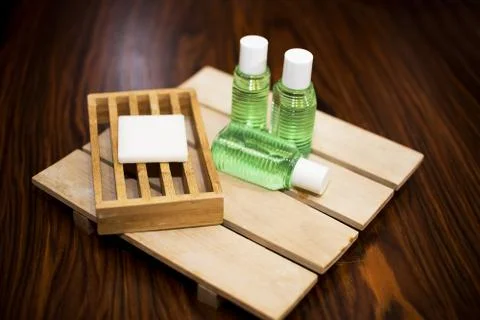 Soaps in the bath of the hotel Stock Photos