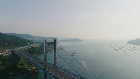 Soaring aerial perspective of the Rande Bridge near the city of Vigo in northern 库存影片 336286853