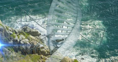 Soaring aerial view showing translucent DNA double helix overlaying rocky Stock Photos