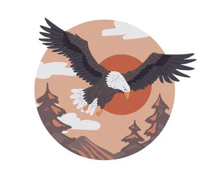 Soaring American Bald Eagle, in flat style. For sticker or badge. 스톡 일러스트