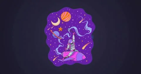 Soaring astronaut navigating purple nebula, with pink rocket, stream, ringed  Stock Illustration