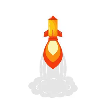 Soaring ballistic missile. Rocket with fire and smoke takes off from launch p Illustrazione stock