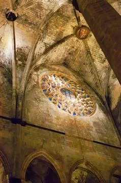 Soaring gothic vault ceiling with Barcelona rose window Stock Photos