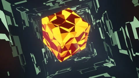 A soaring orange cube in an abstract Sci Fi tunnel. Video stock 163165713