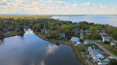 Soaring Over Warwick: Spring Ocean Scenery in Rhode Island by Drone Stock Footage 240634251