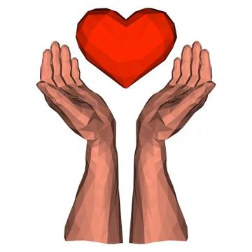 Soaring polygonal heart in two low poly hands Stock Illustration