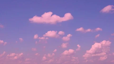 Soaring Slowly Floating Cumulus Cotton Pink White Clouds and Blue Lilac Sky at S Stock-Footage 243027841
