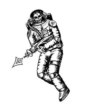 Soaring Spaceman. Skeleton with space weapons. Astronaut in the solar system Ilustración de archivo