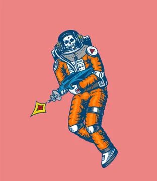 Soaring Spaceman. Skeleton with space weapons. Astronaut in the solar system Stock Illustration