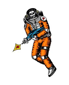 Soaring Spaceman. Skeleton with space weapons. Astronaut in the solar system Stock Illustration