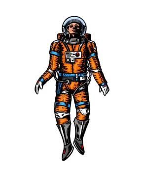 Soaring Spaceman in space. Astronaut in the solar system. Engraved hand drawn Stock Illustration