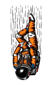 Soaring Spaceman in space. Astronaut in the solar system. Engraved hand drawn Stock Illustration
