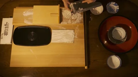 Soba making, cutting out the noodles with traditionnal japanese knife Stock Footage 223399822