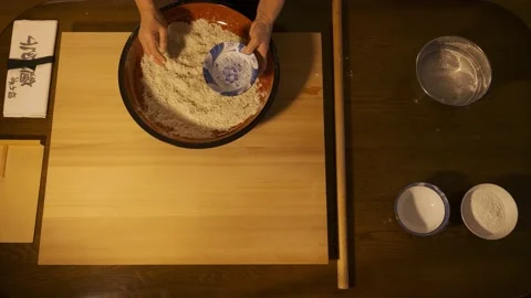 Soba making, mixing flour and water Stock Footage 223353955