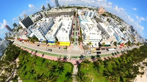 SoBe Miami Beach flight over Ocean Drive Summer 2026 fisheye lens Stock Footage 342083038