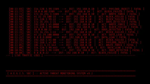 Soc firewall breach alert appears on a red computer terminal displaying errors. Stock Footage 337199285