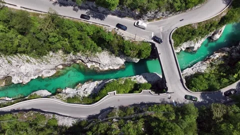 Soca River Aerial View Kobarid Slovenia in summer Stock Footage 337186776