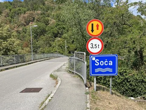 Soca river sign Foto stock