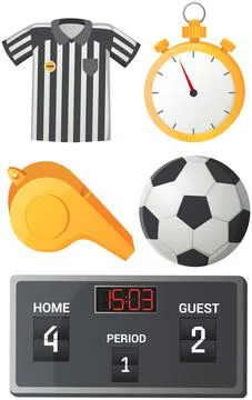 Soccer and Football concept with flat icons Referee, ball, stopwatch and whistle Stock Illustration