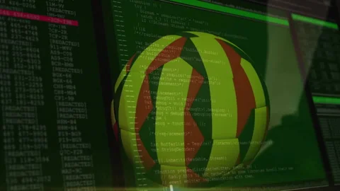 Soccer ball animation over computer screen displaying code and data Stock Footage 305288483