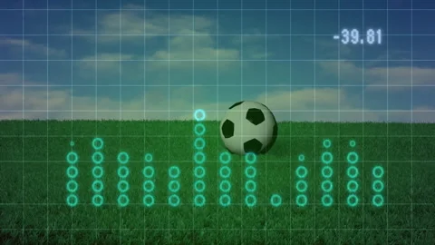 Soccer ball appearing left, dropping bouncing and rolling across grid to show Stock Footage 310644159