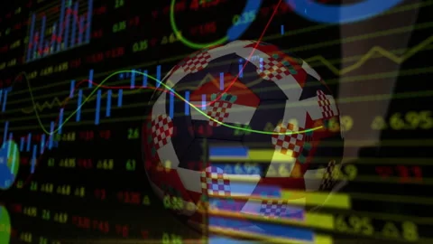 Soccer ball with checkered pattern overlaying animation of stock market graphs Stock Footage 305487249