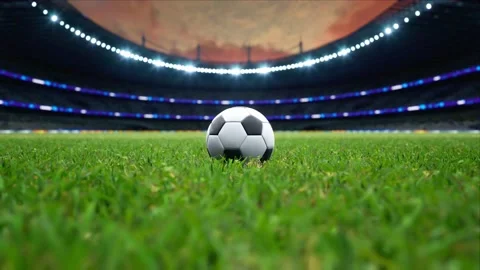 Soccer ball in empty stadium cloudy evening . no people and ready to game High Stock Footage 155240699