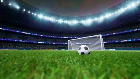 Soccer ball in empty stadium cloudy evening . no people and ready to game High Stockbeeldmateriaal 155241930