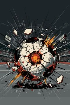 Soccer ball exploded and burst into flames at the middle of soccer stadium .. Stock Illustration