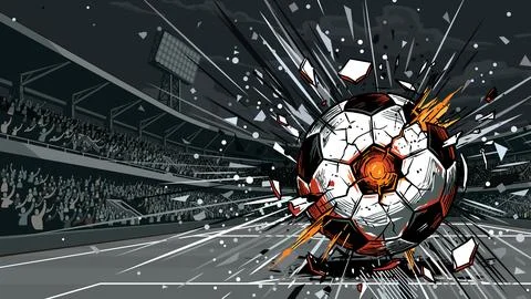 Soccer ball exploded and burst into flames at the middle of soccer stadium .. Stock Illustration