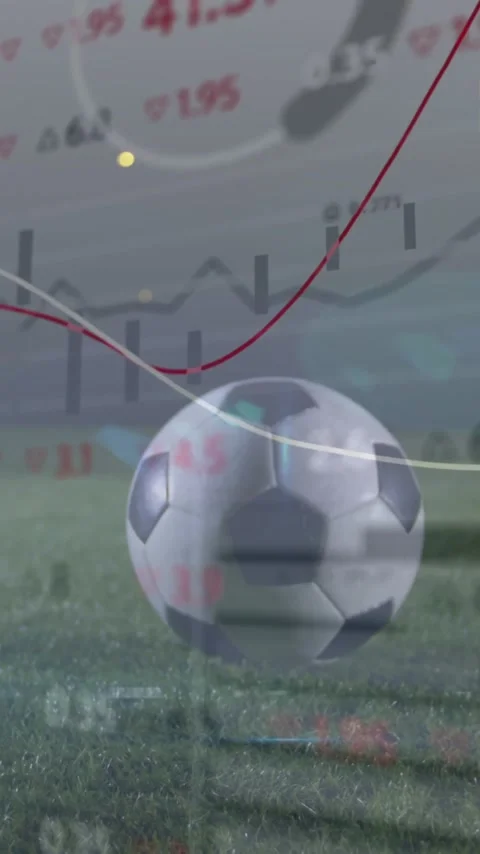 Soccer ball on field with financial data and graphs overlay animation Stock Footage 344404239