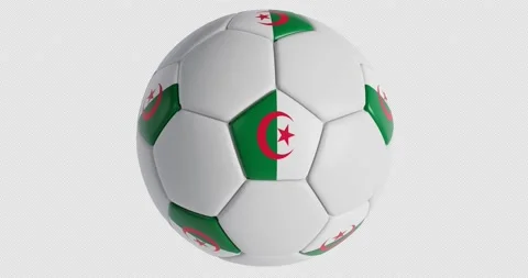Soccer ball with flag of Algeria , black background loop alpha Trasparent 3D Stock Footage 229500341