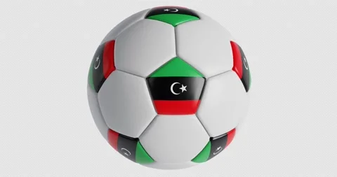 Soccer ball with flag of Libya , black background loop alpha Trasparent 3D Video stock 232691534