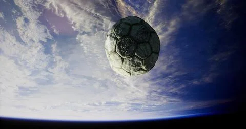 Soccer ball floating in space above Earth with stunning cloud formations Stock Illustration