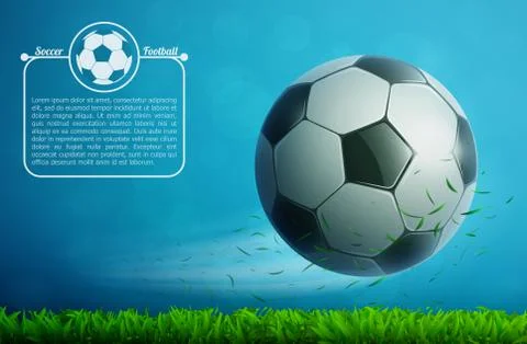 Soccer ball flying in air with grass. Football background. Stock Illustration