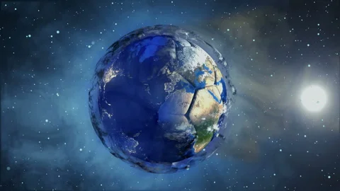 Soccer ball in the form of a planet in space,, maps and textures provided by Stock Footage 87218143