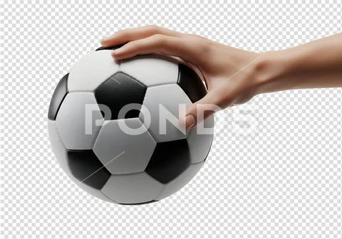 Soccer ball in hand isolated, black and white hexagon pattern PSD Template