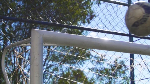 Soccer Ball Hitting The Goal Post In Slow Motion Stock Footage 126404042