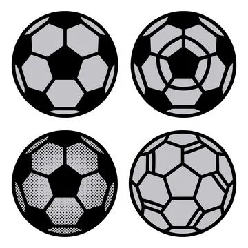 Soccer ball icon set with four geometric black and gray designs Stock Illustration