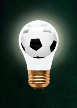 Soccer Ball Inside Glowing Light Bulb Against Blackboard Stock-Fotos