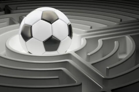 Soccer ball inside labyrinth maze. 3D rendering Stock Illustration
