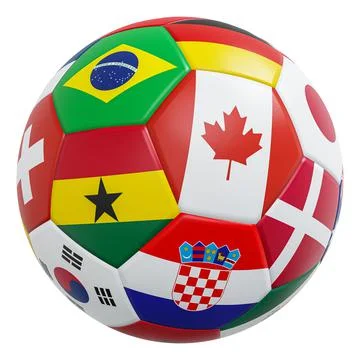 Soccer ball with international flags pattern and leather texture . Isolated . Stock Illustration