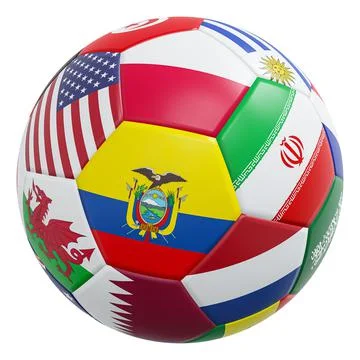 Soccer ball with international flags pattern and leather texture . Isolated . Stock Illustration