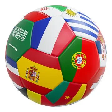 Soccer ball with international flags pattern and leather texture . Isolated . Stock Illustration