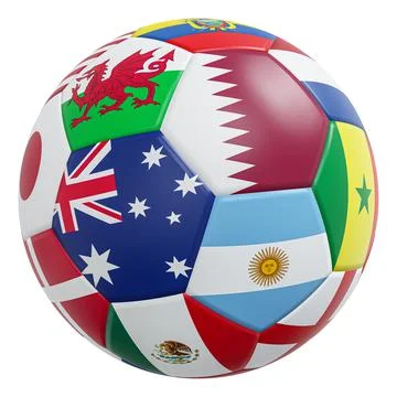 Soccer ball with international flags pattern and leather texture . Isolated . Stock Illustration