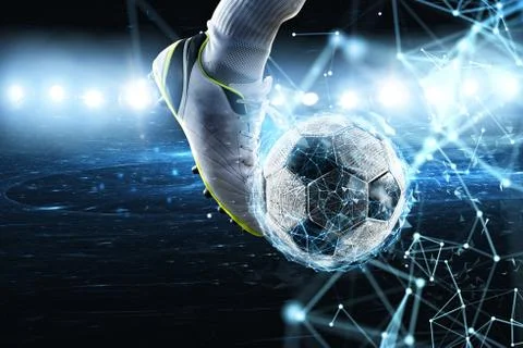 Soccer ball with internet network effect. Concept of digital bet Stock Photos